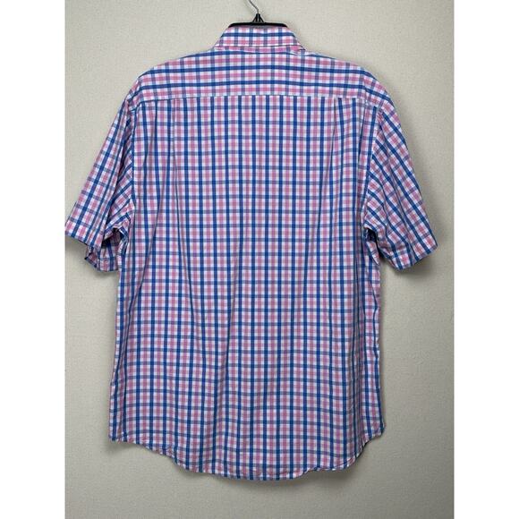 IZOD Mens Sz L Short Sleeve Button Down Shirt Blue Pink White Plaid 100% Cotton - Picture 6 of 11